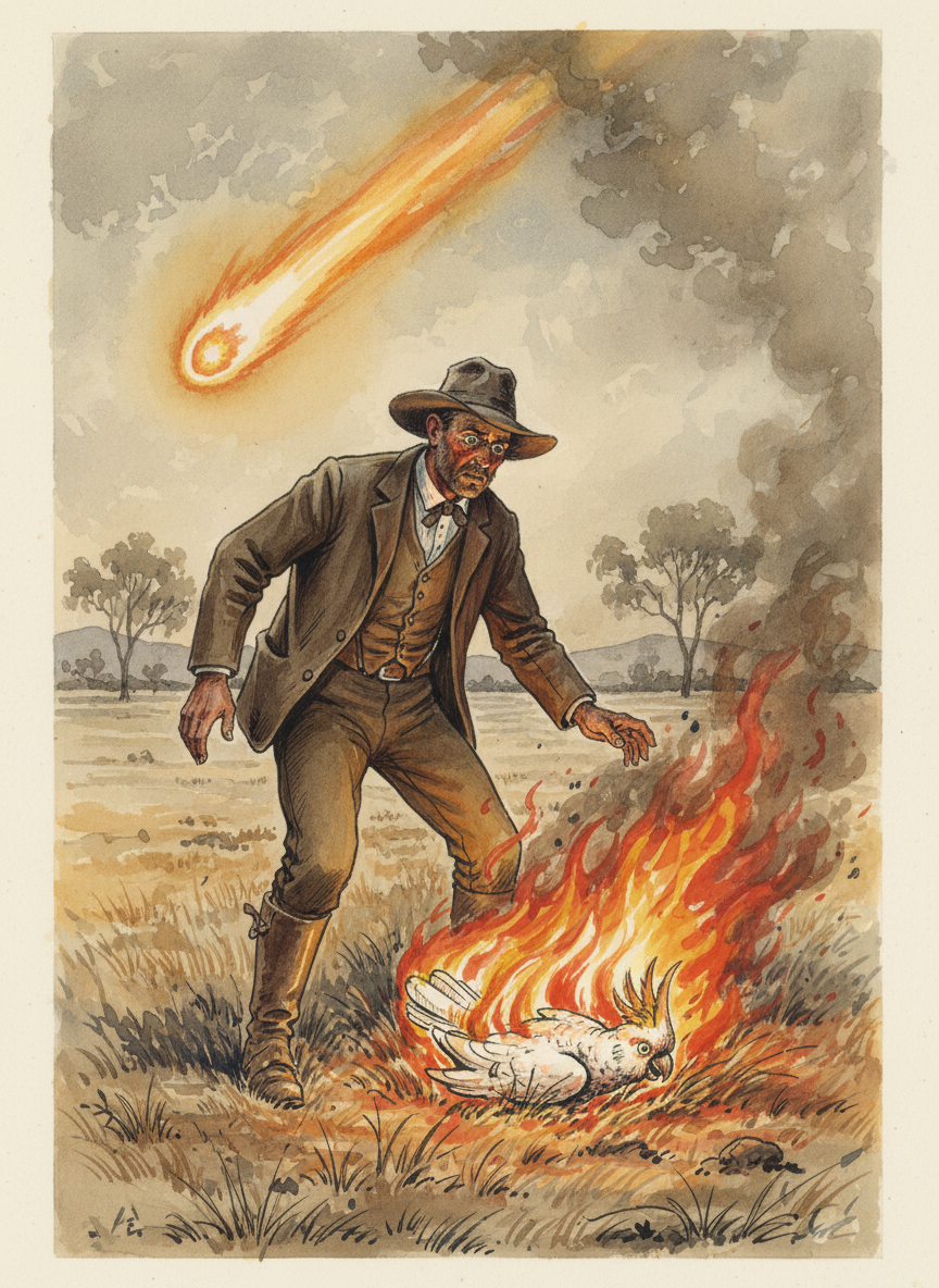 A streaming meteor scorched his hair as he stood for a millisecond debating which way was the best to get to his horse; he looked down to see a great cockatoo roasting at his feet.