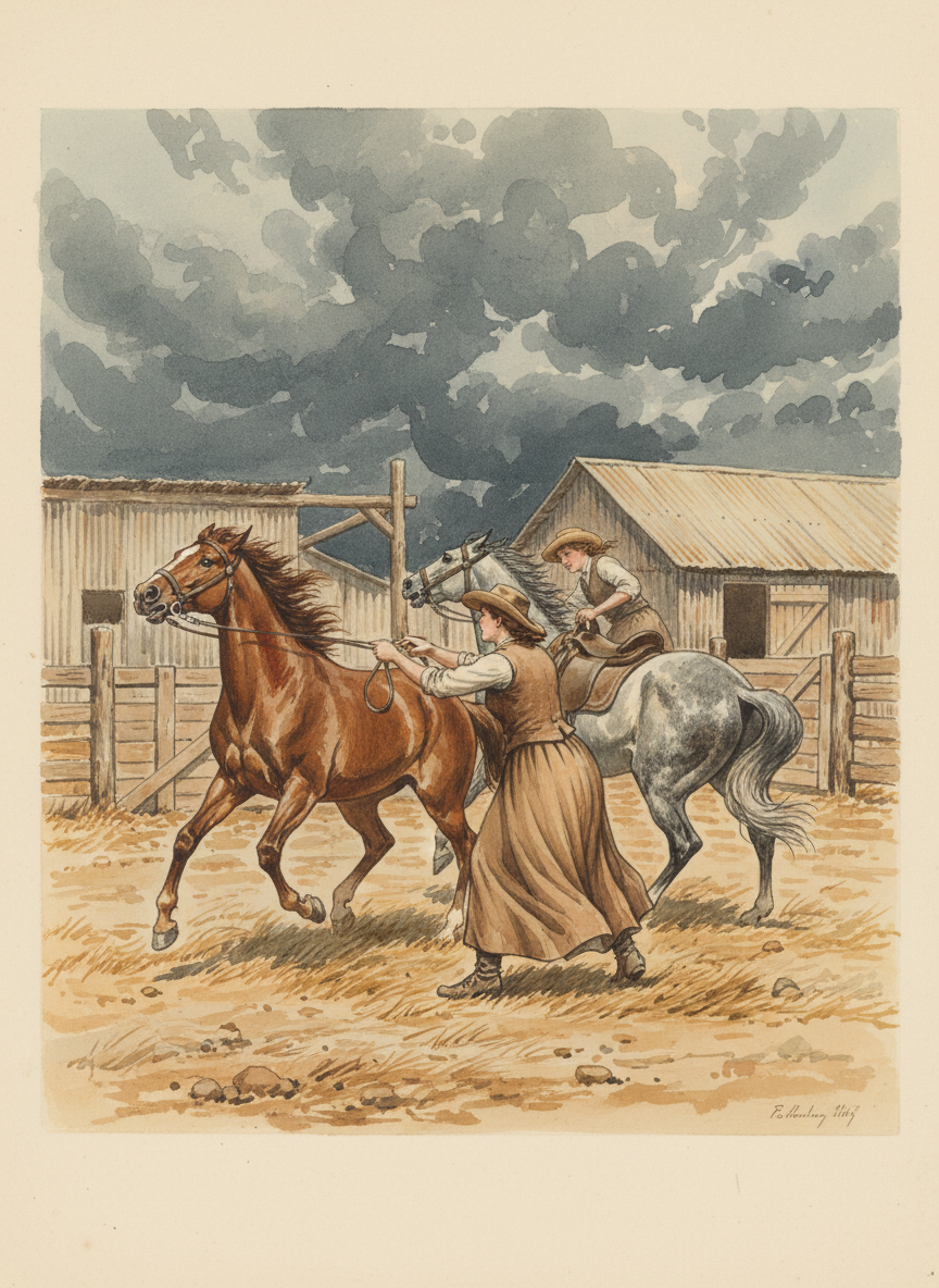 The horses, unsettled by the storm, had smelled smoke and were hard to saddle; Fee and Meggie backed the two trampling, restive thoroughbreds outside the stable into the yard to tackle them better.