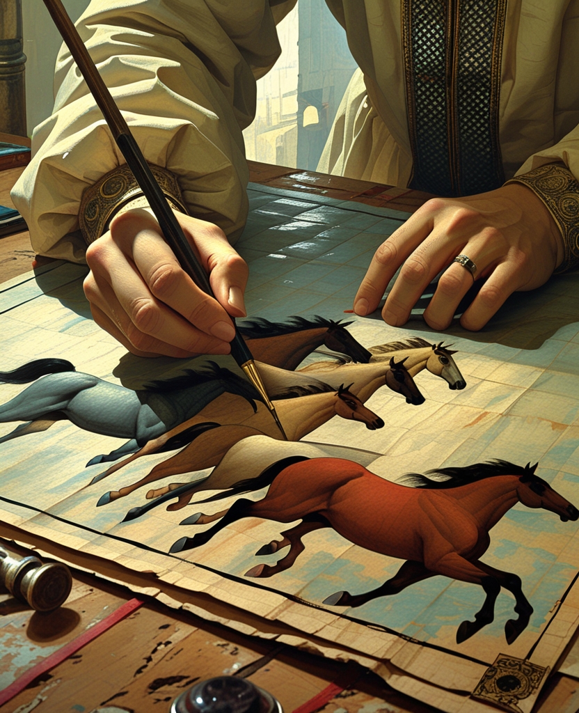 To accustom my hand, I drew a series of horses on a coarse sheet of Samarkand paper.
