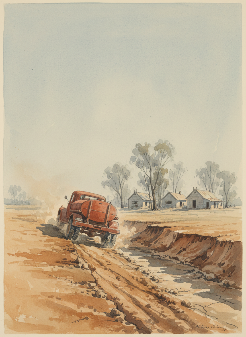 As he shoved the truck down into bottom gear to grind up the far creek bank he looked back for a moment at the empty head stockman’s house, the two vacant houses beyond it; there was the homestead’s soft underbelly, the only place where flammable things came close enough to the trees on the far side of the creek to catch.