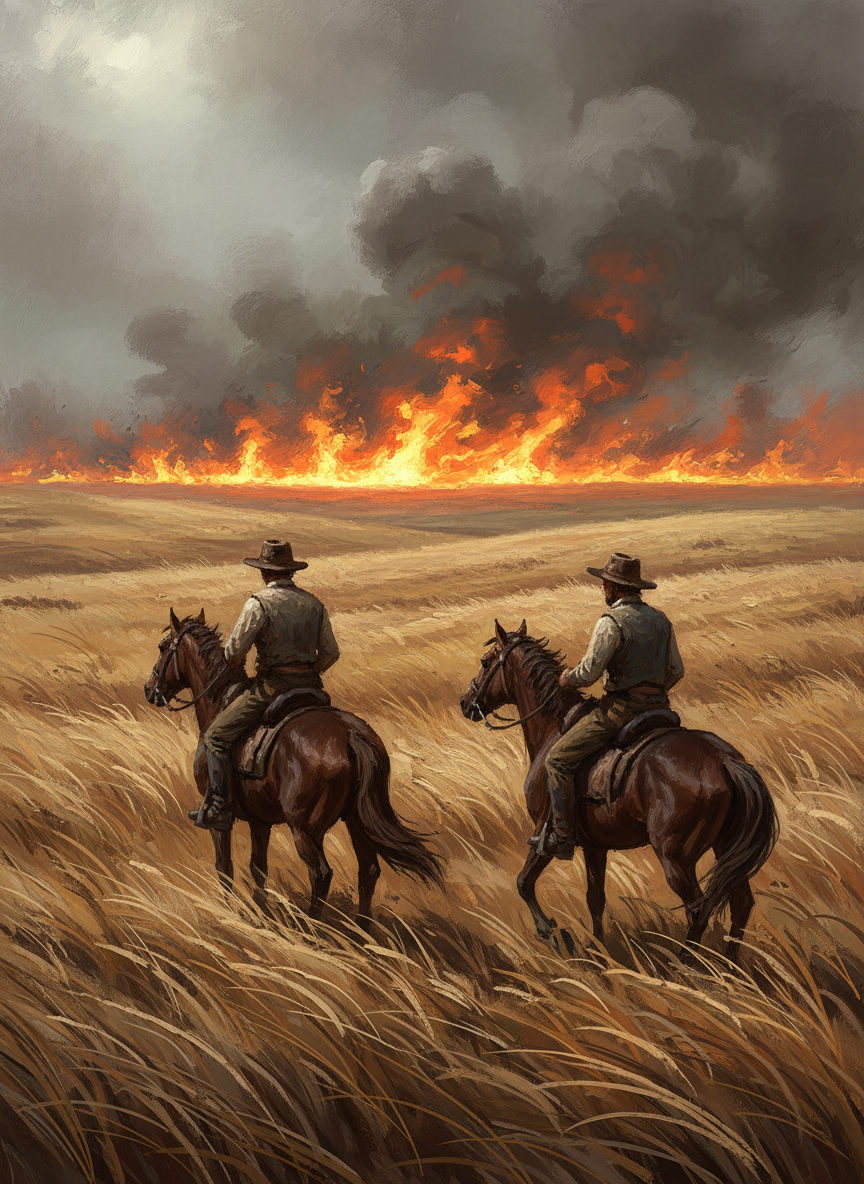 As the long dry grass and the high wind took it leaping from timber stand to timber stand they sat their frightened, jobbing horses and looked into the west helplessly.