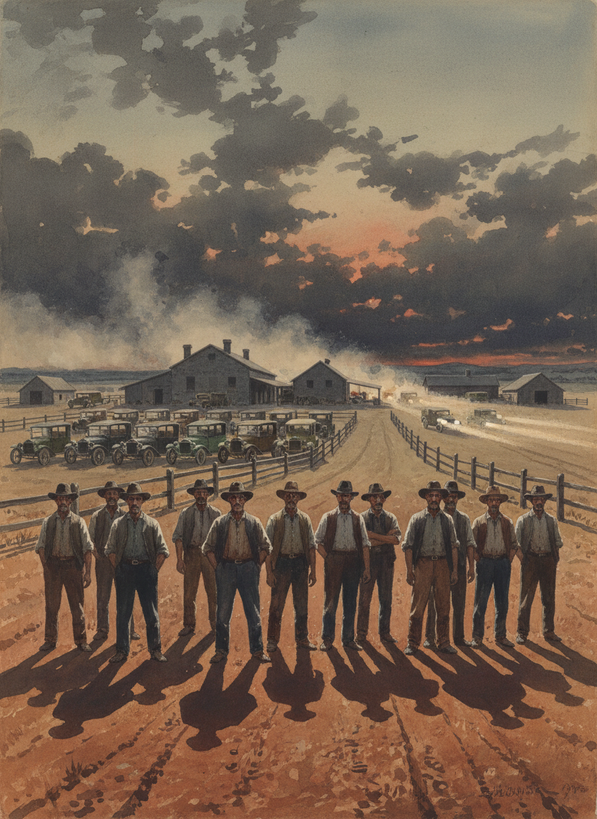 The homestead grounds were full of cars, and more headlights were bouncing and glaring down the road from Gilly; a large group of men stood waiting for them as Bob turned into the horse yards.