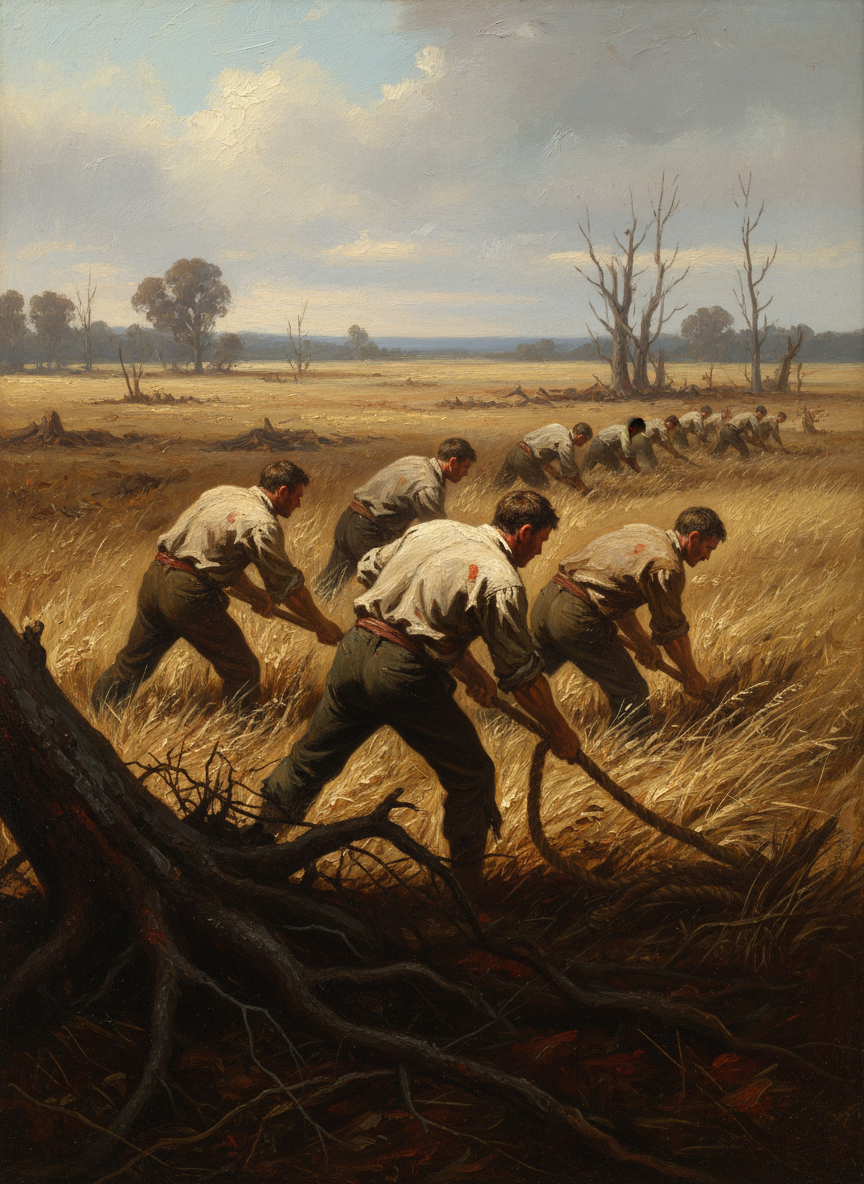 As more men arrived they went to join those already in the Home Paddock, cutting down the few trees that had sprung up close to the creek bank, and clearing away any overlong grass on the perimeter.