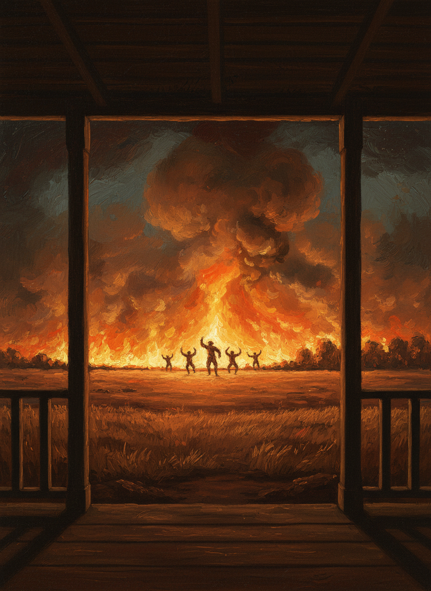 Not long afterward they saw the first flames, vast tongues leaping and writhing a hundred feet into the smoke, and a roaring came to their ears like a huge crowd overexcited at a football game.