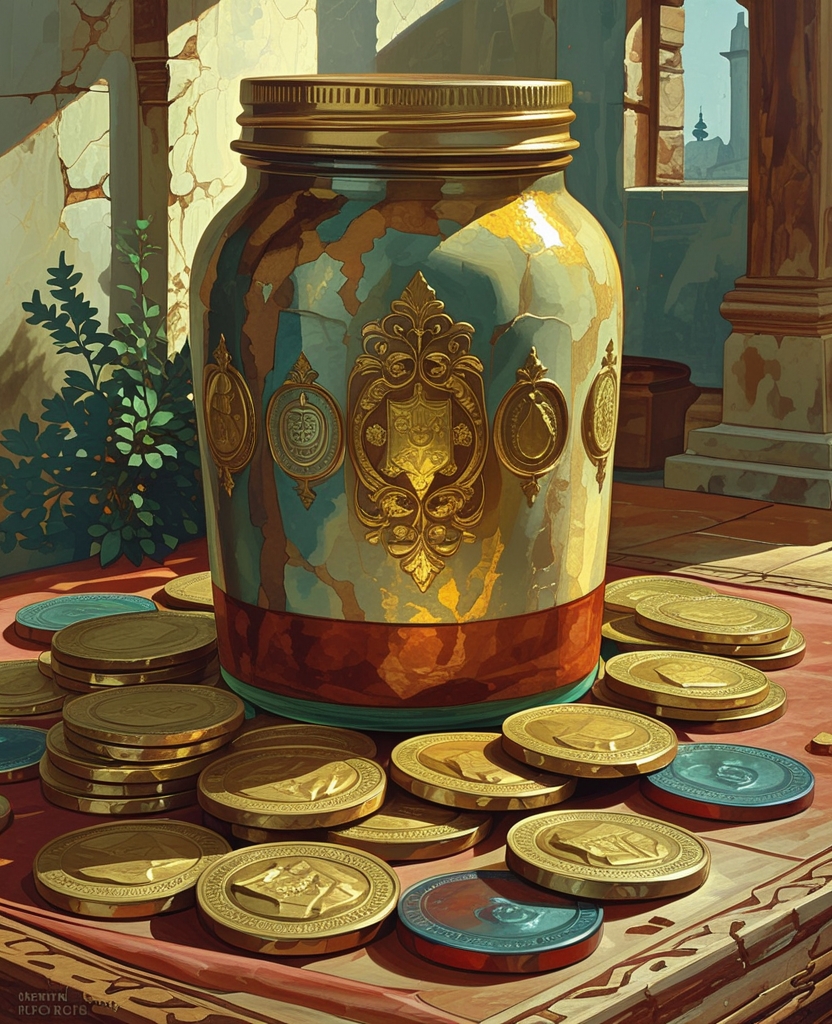 There are seventy-five Venetian gold pieces inside an old ceramic pickle jar.