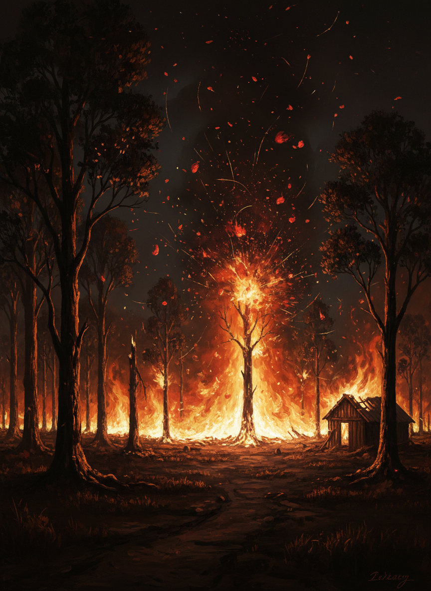 Now there were black and orange and red and white and yellow; a tall tree in black silhouette rimmed with an orange crust that simmered and glowered; red embers floating and pirouetting like frolicsome phantoms in the air above, yellow pulsations from the exhausted hearts of burned-out trees; a shower of spinning crimson sparks as a gum exploded; sudden licks of orange-and-white flames from something that had resisted until now, and finally yielded its being to the fire.