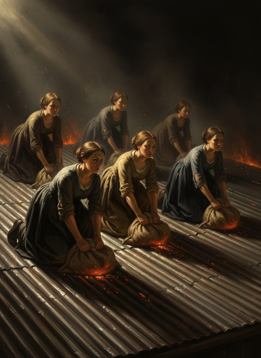 Armed with wet bags, their hands and knees scorched even through the bags they wore, they beat out embers on the frying roof, terrified the iron might give way under the coals, drop flaming pieces down into the wooden struts below.