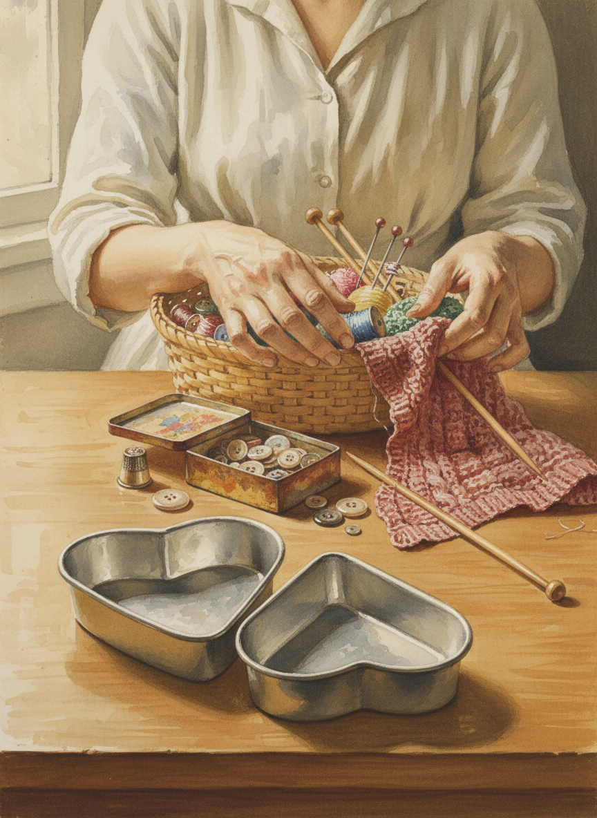 All I could think of were my sewing basket, my half-done knitting, the box of odd buttons I’d been saving for years, my heart-shaped cake pans Frank made me years ago.