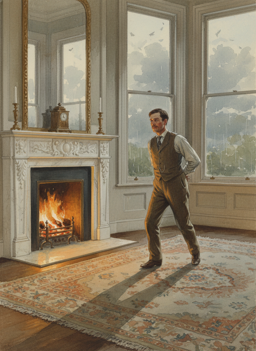 “He ought to be in by now,” said Bob, pacing up and down the drawing room while the others watched; the irony of it was that the rain had brought a dank chill into the air, and once more a bright fire burned in the marble hearth.