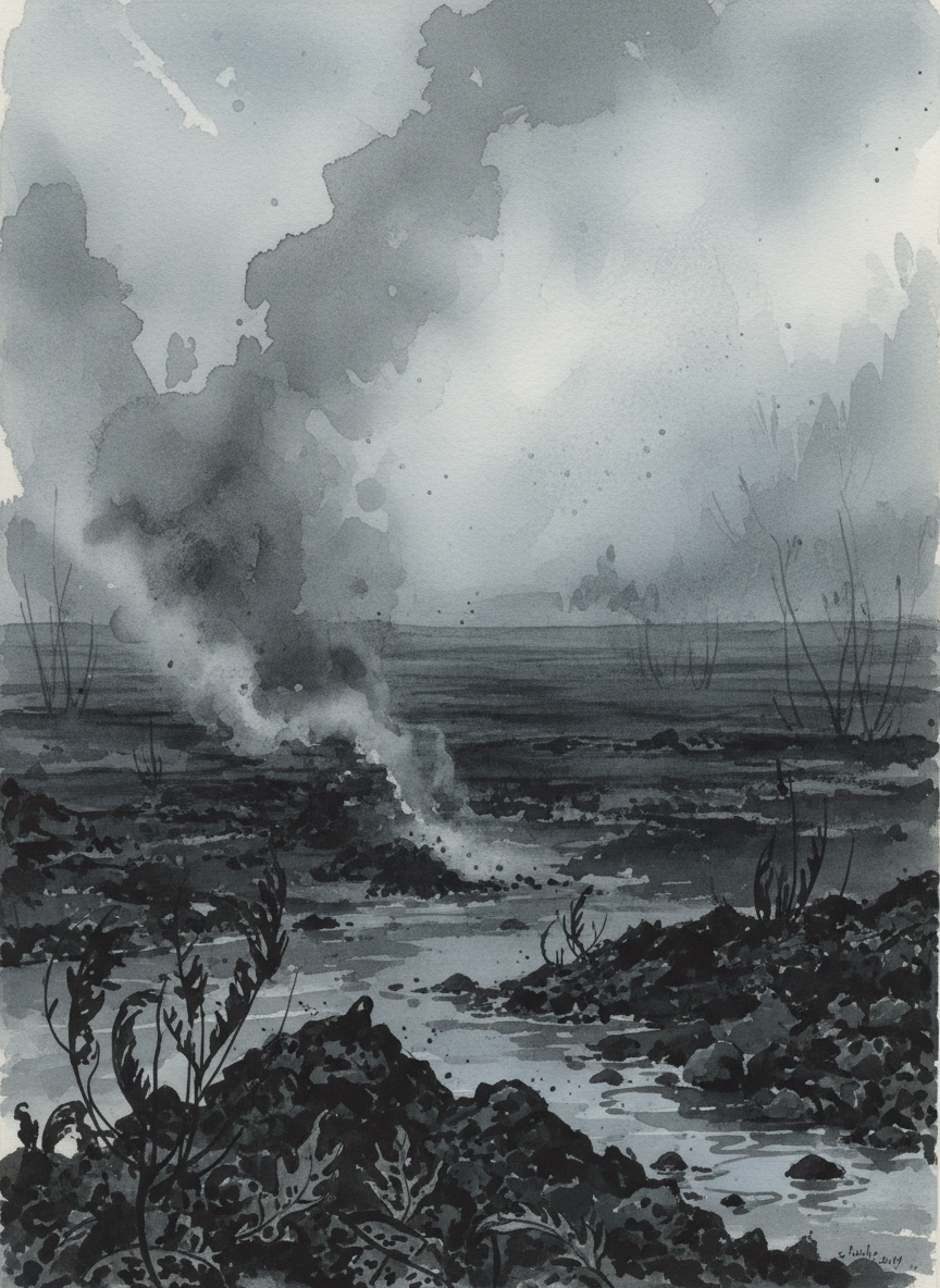 Not a green or a brown thing was left anywhere, just a vast expanse of soggy black coals, incredibly still steaming after hours of rain.