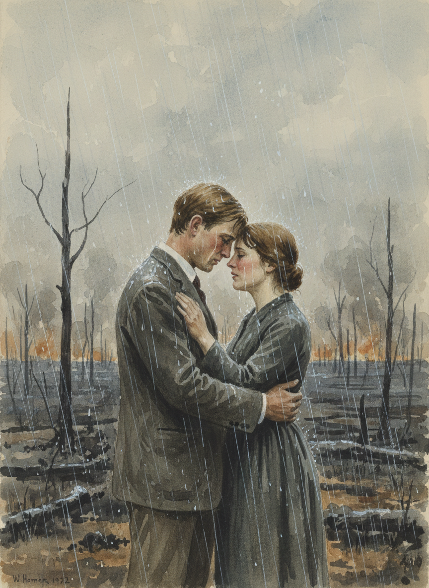 Their tears mingled with the rain on their faces.
