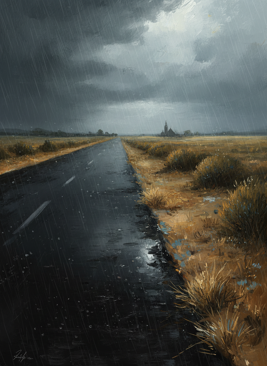 One side of a clearly drawn line was just black, glistening tar, while the other side was the land as they had always known it, fawn and blue and drear in the rain, but alive.