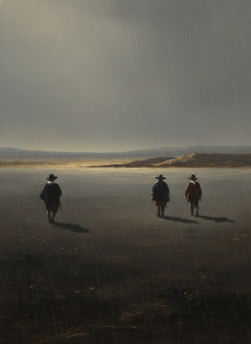 Like pilgrims at the final crossroads they straggled apart in the steady grey rain, getting farther and farther away from each other, smaller and smaller, until each disappeared along the appointed path.