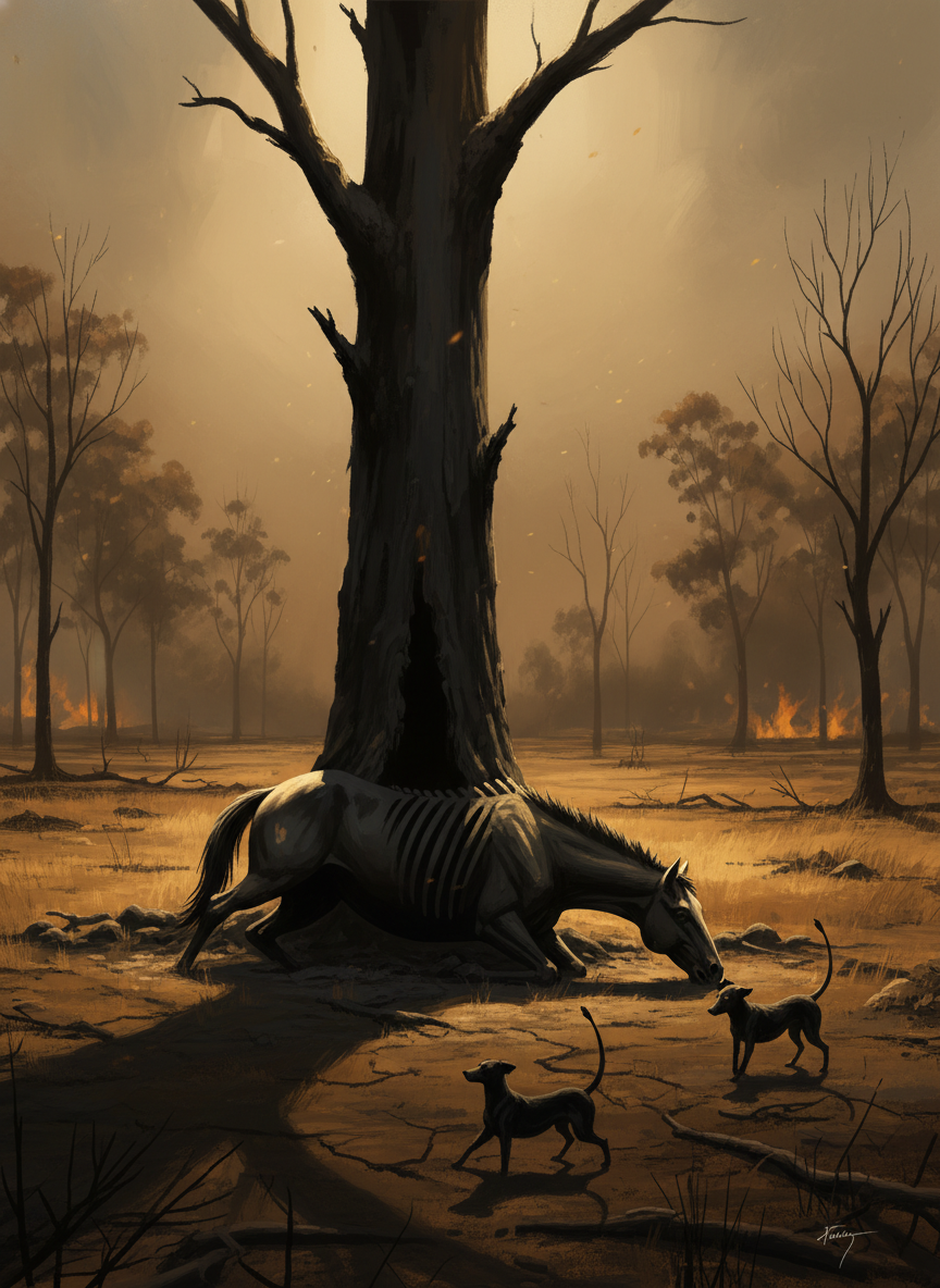 What he saw was Paddy’s horse, sprawled and fused into the trunk of a big gum, and two of Paddy’s dogs, little black stiff things with all four limbs poking up like sticks.