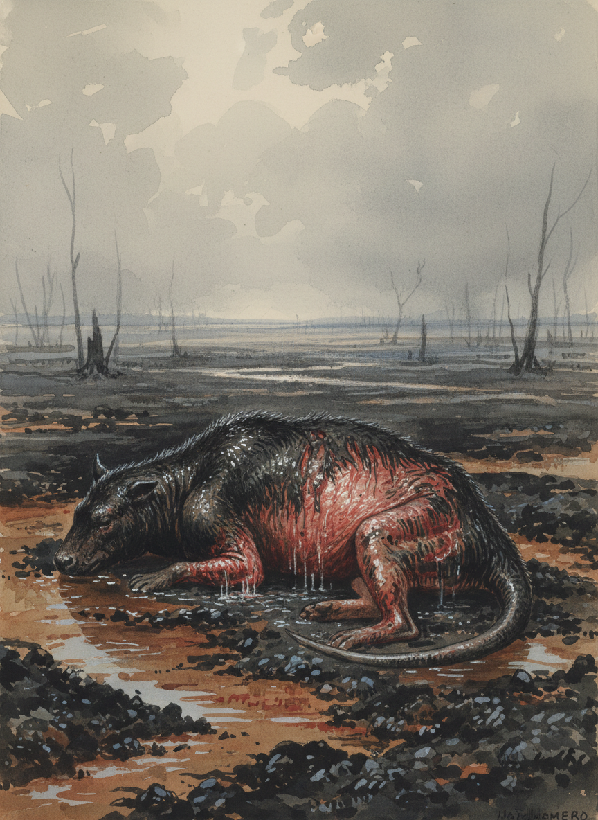 The sparse black hair on one side of its body was singed off and the skin was redly raw; what Stuart smelled as he stared into the south was the delectable odor of bubbled pork skin, just as it is on a roasted joint fresh from the oven and crisp all over the slashed outer husk.