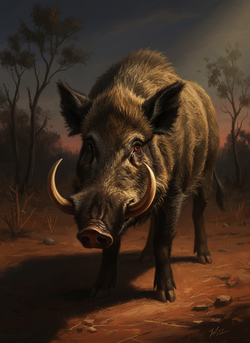 The boar stood perfectly still, its little reddened eyes mad with pain, the great yellow tusks sharp and curving upward in a half circle.
