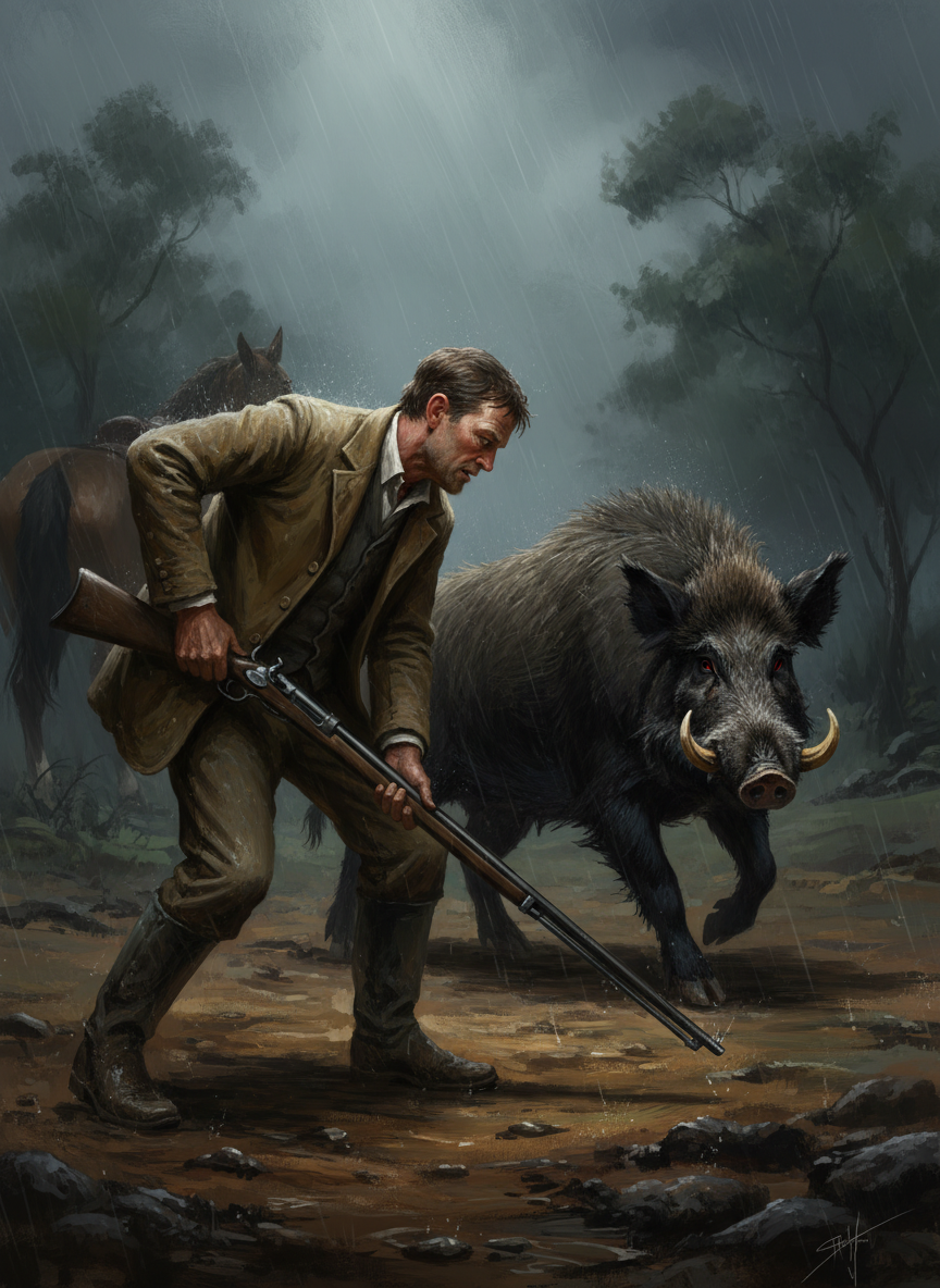 While its attention was on the horse Stuart saw his only chance, bent quickly for the rifle and snapped the breech open, his other hand in his jacket pocket for a shell.
