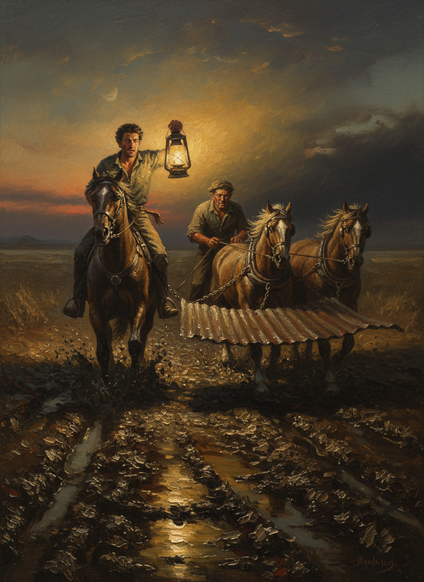 It was impossible to put the dray or anything else wheeled upon the mud; in the end Jack and old Tom chained a sheet of corrugated iron behind two draft horses, Tom leading the team on a stock horse while Jack rode ahead with the biggest lamp Drogheda possessed.