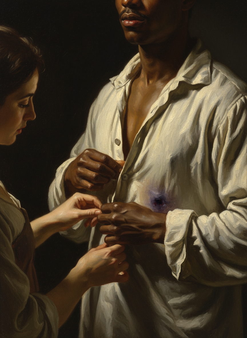 Fingers steady, she unbuttoned the damp shirt and peeled it off his arms, pulled it free of his breeches.