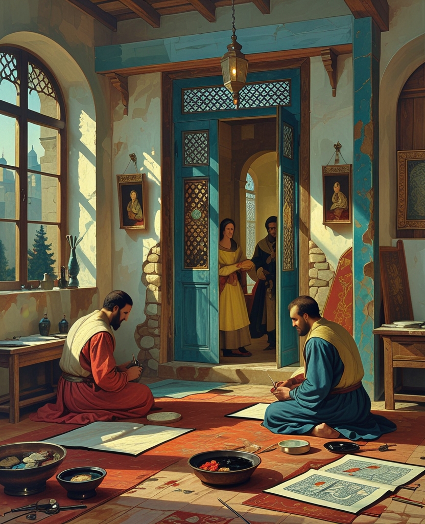 We were in the room with the blue door that I used as the painting workshop in winter, and I sensed that Black was aware of Shekure’s presence in the adjacent room.
