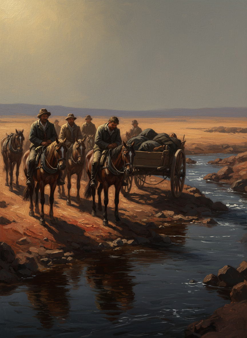 In grey dawnlight the little cavalcade escorting the bodies reached the creek, and stopped.