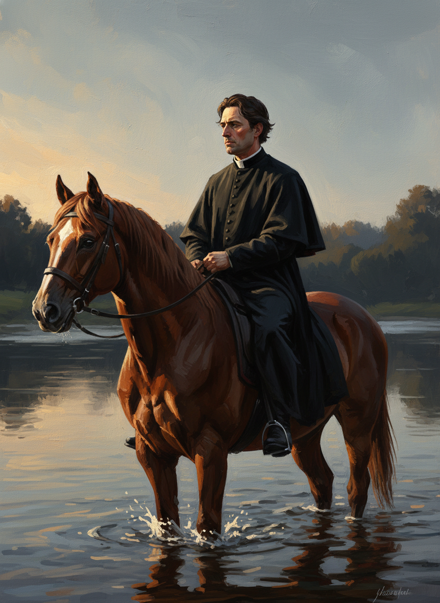 Father Ralph swam his chestnut mare across to meet them, stole around his neck and the instruments of his calling in a saddlebag.