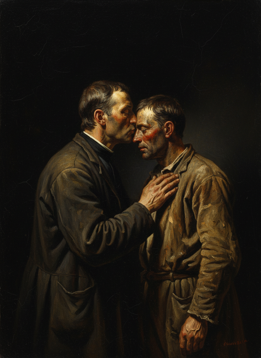 They were both black after their fashion, Paddy from the fire and Stu from suffocation, but the priest kissed them with love and respect.
