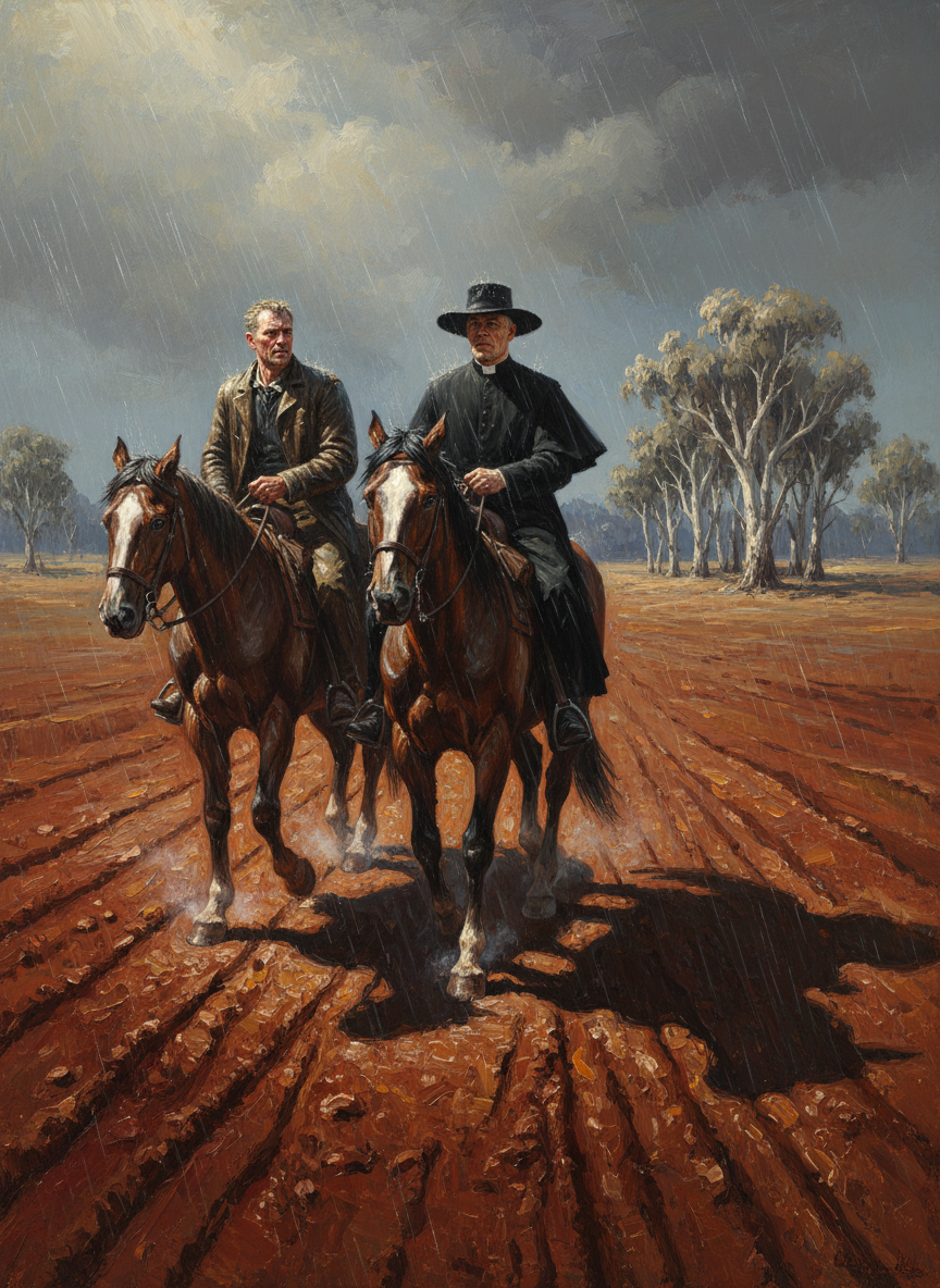They stood staring at the tops of the ghost gums, clearly visible even in the rain.