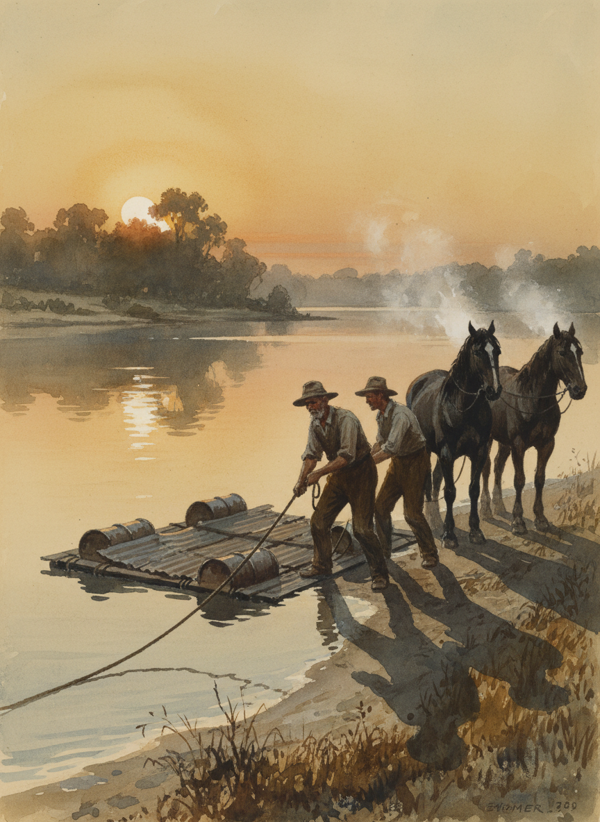 They lashed the drums under the sheet of iron, six on either side, tied the canvas shroud down firmly, and swam the exhausted draft horses across on the rope which would finally tow the raft.