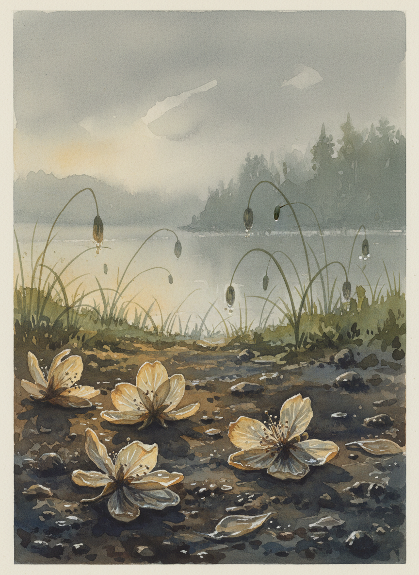 What blossoms had survived the terrible heat of the fiery air two nights ago had succumbed to the rain, and laid themselves down against the mud like ruined butterflies.
