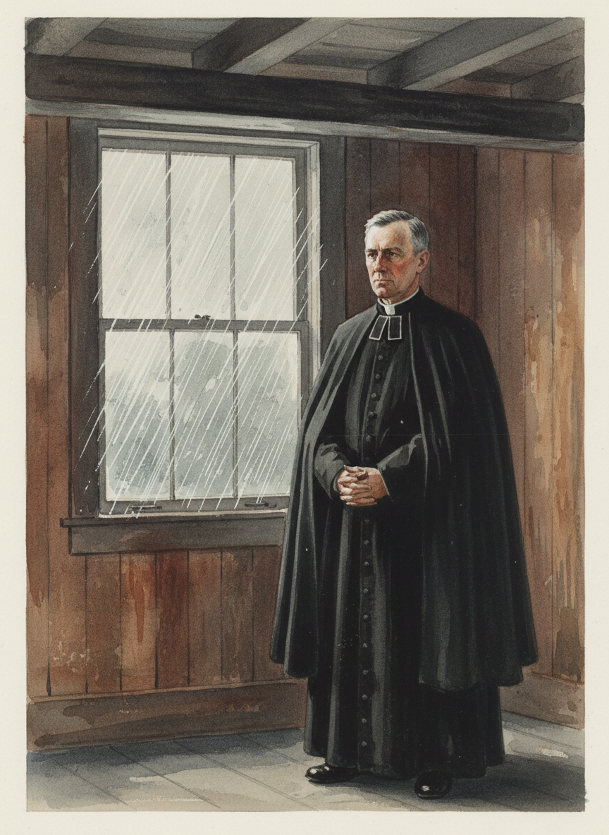 So he stood properly attired with the rain hissing against the windows, drumming on the iron roof two stories up.