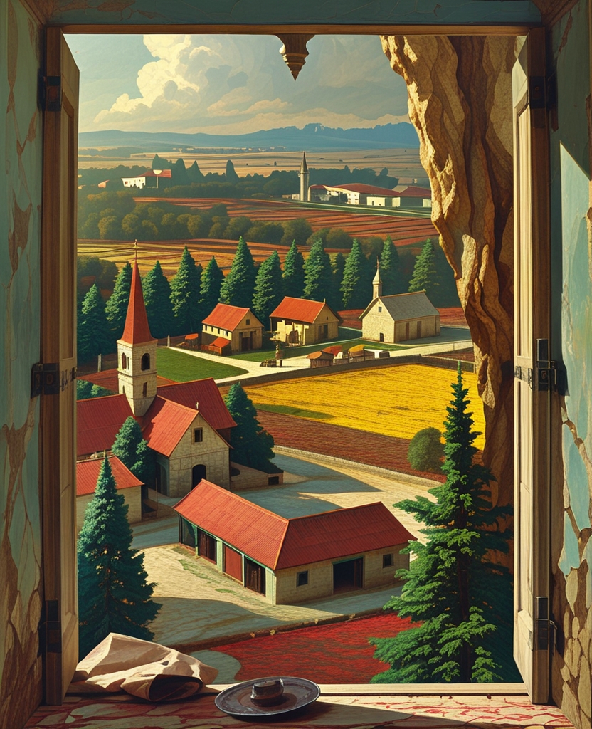 In the background landscape visible from the open window there was a farm, a village and a blending of color which made a realistic-looking forest.