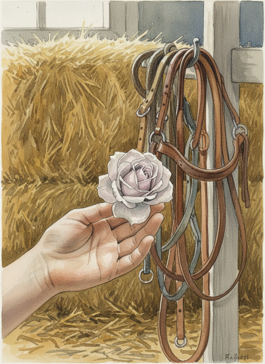 She held out her hand, in it one pale, pinkish-gray rose.