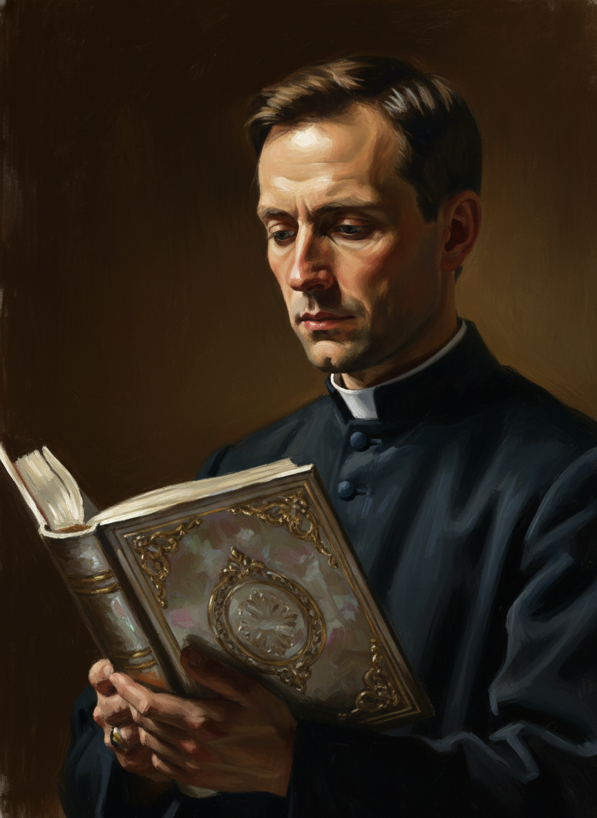 He opened his little sacrament case and took out the big missal which was his own property, bound in costly mother-of-pearl.