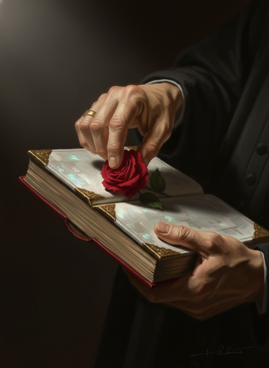 The pages fell open at a great thick white ribbon; he turned over several more, laid the rose down, and shut the book upon it.