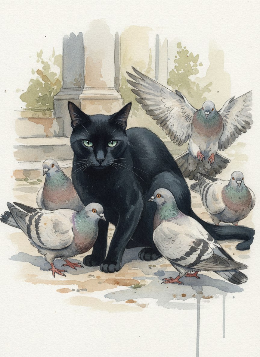 The beautiful sleek cat among the plump startled pigeons.”