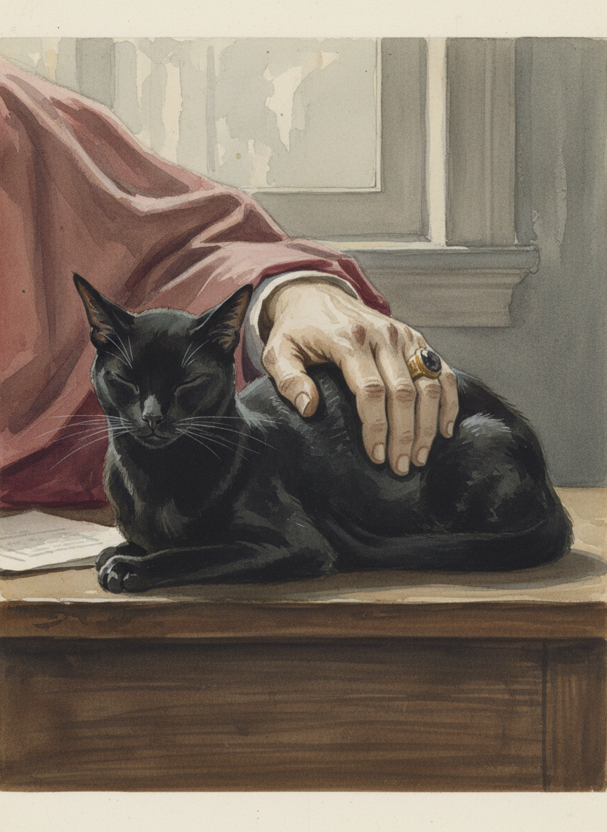 the Archbishop went on, smoothing his beringed milky hand rhythmically across the silky back of his purring Abyssinian cat.