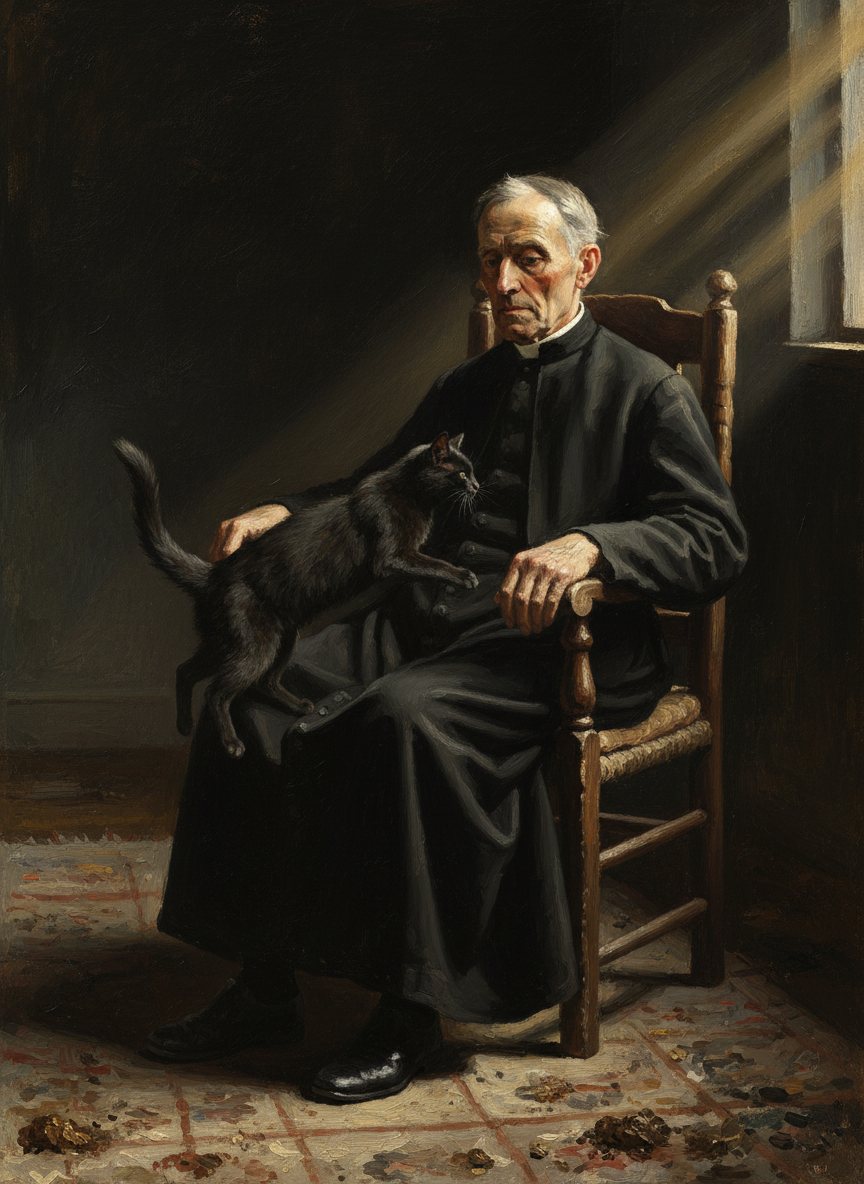 The cat jumped down off the purple lap immediately, crossed the carpet and leaped delicately onto the priest’s knees, stood waving its tail and sniffing the strange smells of horses and mud, entranced.
