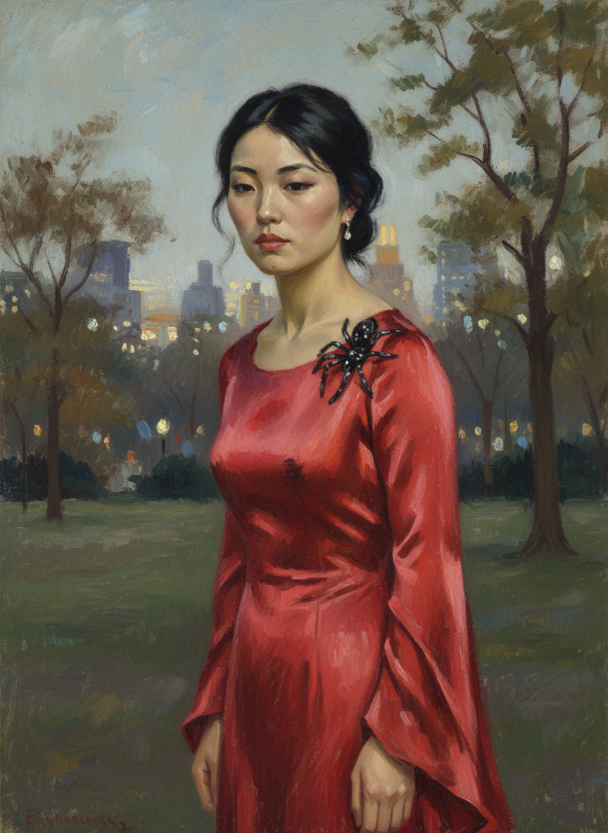 我们去把李彤接到了Central Park,她穿了一袭云红纱的晚礼服,相当潇洒,可是她那枚大蜘蛛不知怎地却爬到了她的肩膀的发尾上来,甩荡甩荡的,好像吊在蛛丝上一般,十分刺目。