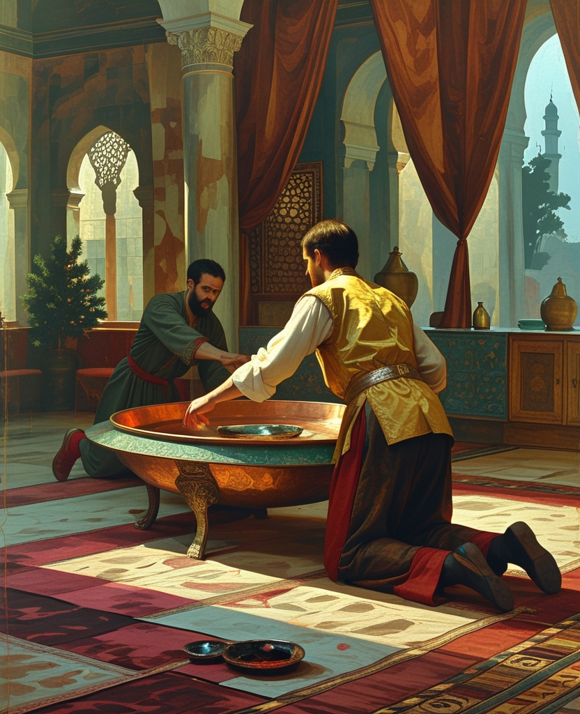 He dragged me to the large copper tray that we used as a table for eating and forced me to my knees.