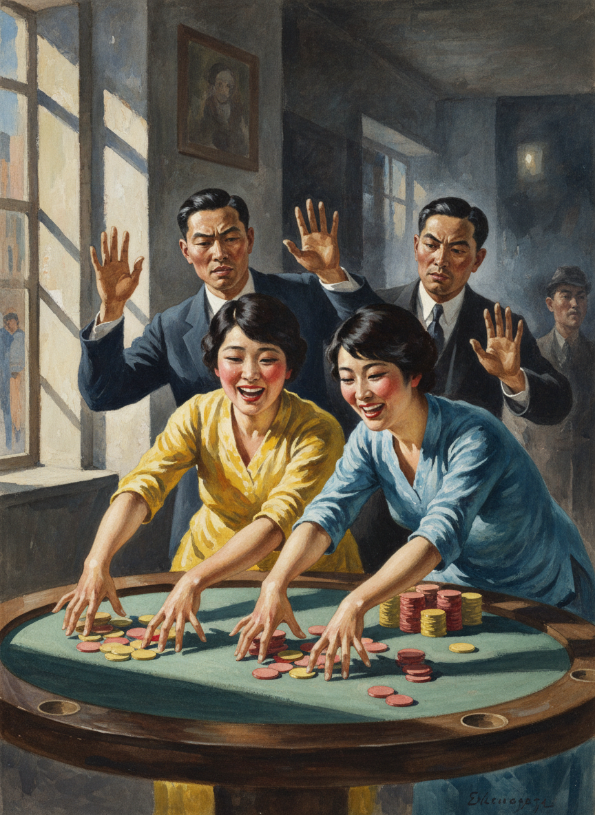 张嘉行和雷芷苓的先生一直在劝阻她们,可是她们两人却像一对战红了眼的斗鸡一般,把她们的先生横蛮地挡了回去,一赢了钱时便纵身趴到桌子上,很狂妄地张开手将满桌子的筹码扫到跟前,然后不停地喊叫,笑得泪水都流了出来。