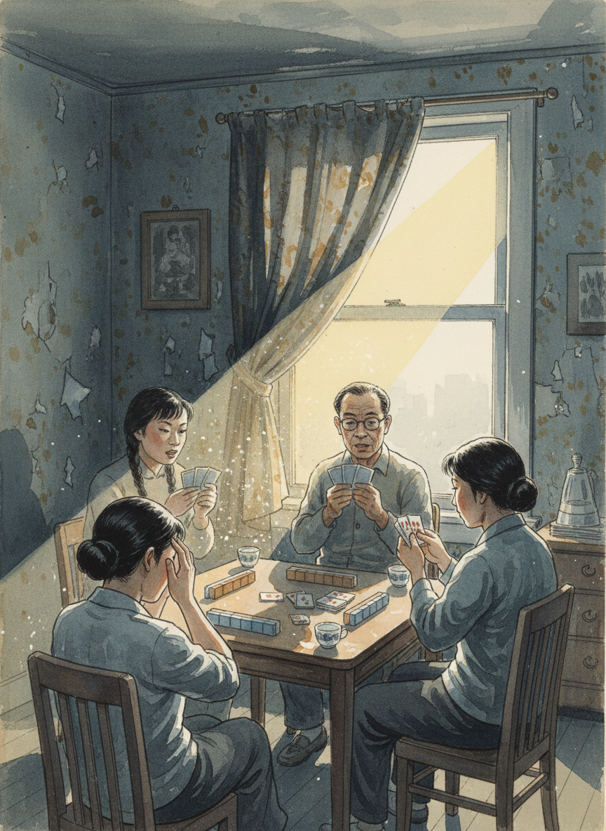 太阳升了上来,玻璃窗上一片白光,强烈的光线闪进屋内,照得大家都眯上了眼睛,张嘉行丢下牌,用手把脸掩起来。