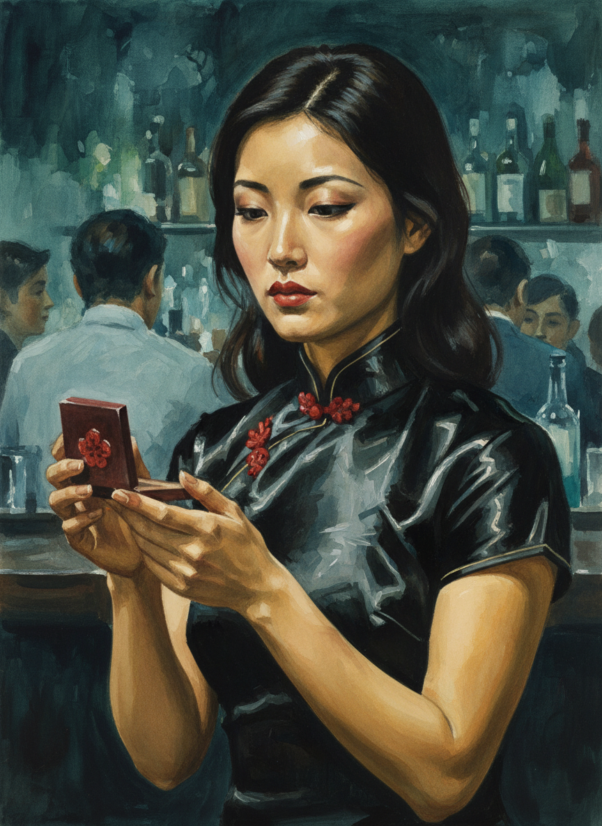 她穿了一件短袖亮黑的紧身缎子旗袍，领头上，锁着一枚指拇大殷红的珊瑚梅花扣，一头的乌发，从中分开，披到肩上来。