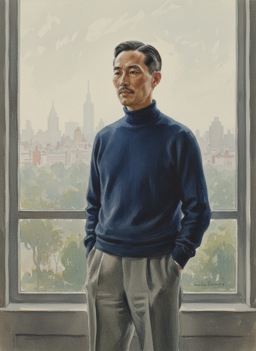 吴振铎医生穿了一件Pierre Cardin深蓝色的套头毛衣,配着一条浅灰薄呢裤,颀长的身材,非常俊雅。
