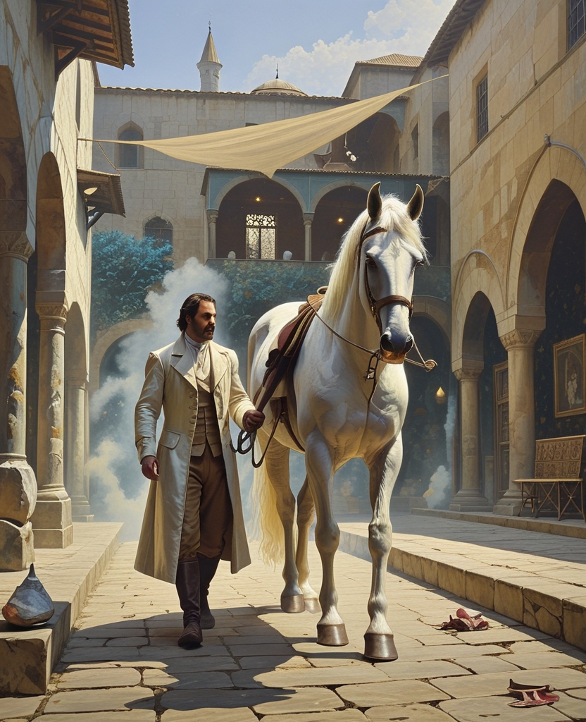 As I shut the stable door, a breeze began to stir. I led my white horse by the bridle over the stone walkway to the earthen part of the courtyard, and we both shuddered: I felt as if his strong, large-veined legs, his impatience and his stubbornness were my own.