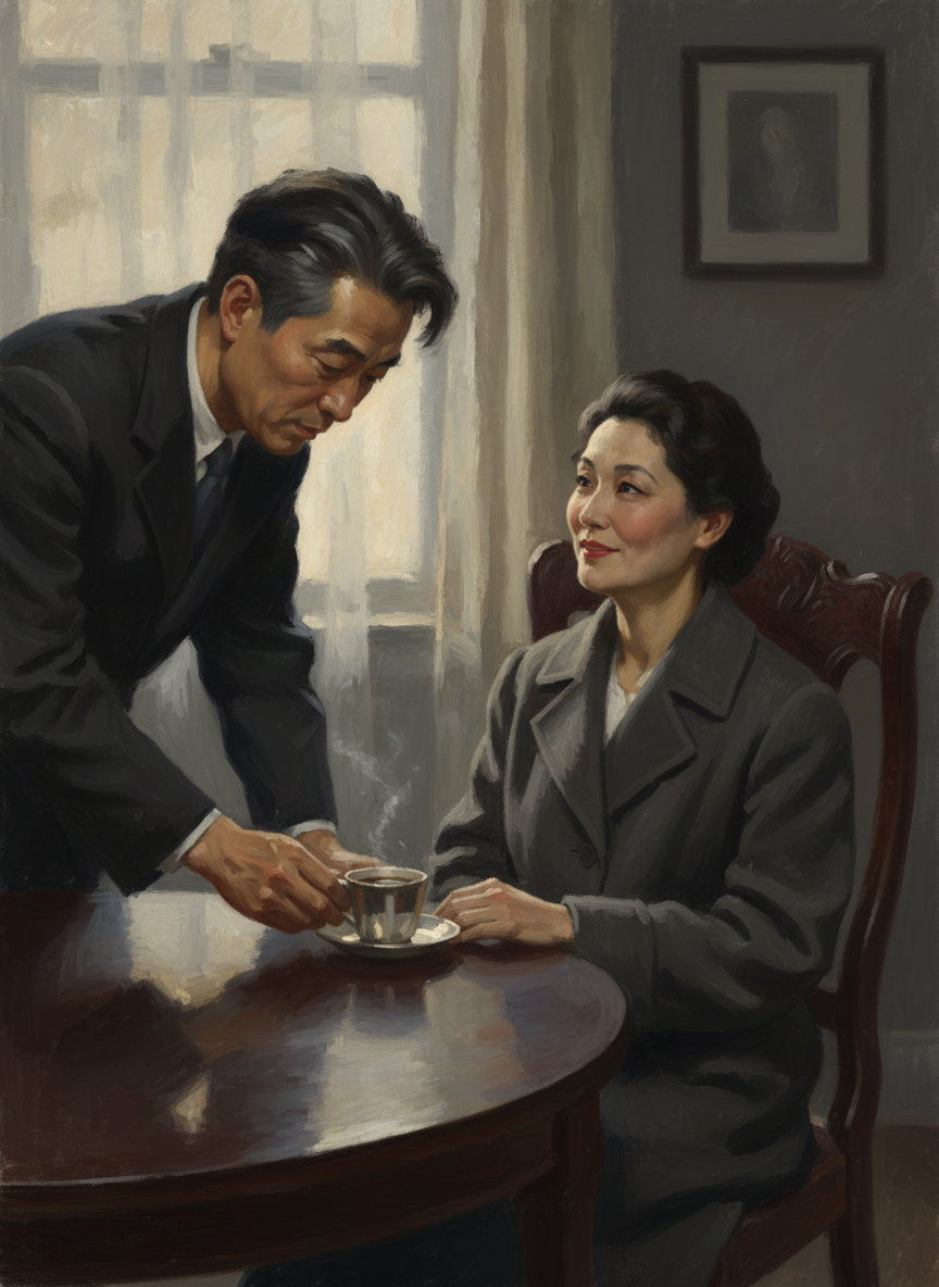吴振铎替吕芳将大衣挂到壁橱里，然后去把咖啡倒进了银壶，替吕芳斟了一杯，热腾腾的咖啡，浓香四溢起来。