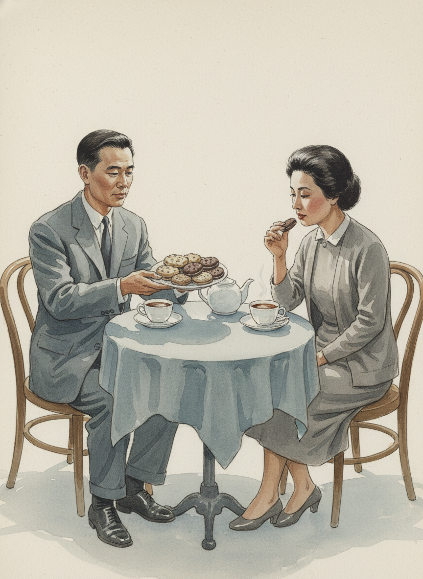 吴振铎把那碟英国什锦饼干捧起来递给吕芳，吕芳拣了一块夹心巧克力的，蘸了一下杯里的咖啡，送到嘴里，慢慢咀嚼起来。