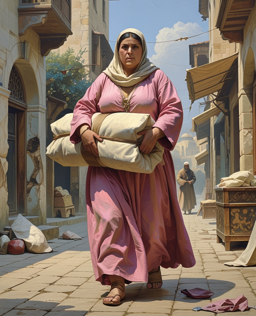 when an enormous woman, a Jewess dressed all in pink and carrying a bundle, appeared out of nowhere and accosted me. She was as large and wide as an armoire.