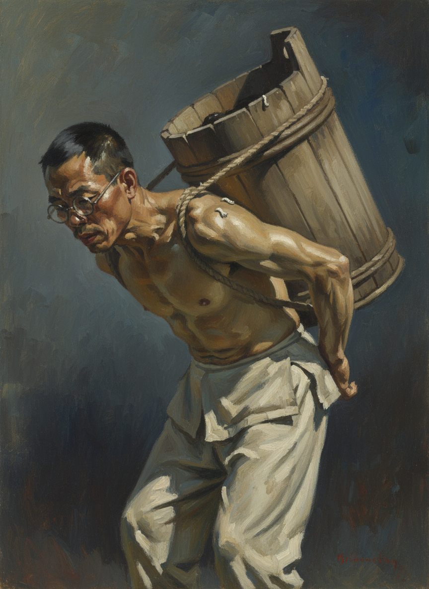 他人又小，一个大近视，粪桶压在背上，寸步难行，经常泼得一身的粪，一头一背爬满了蛆。