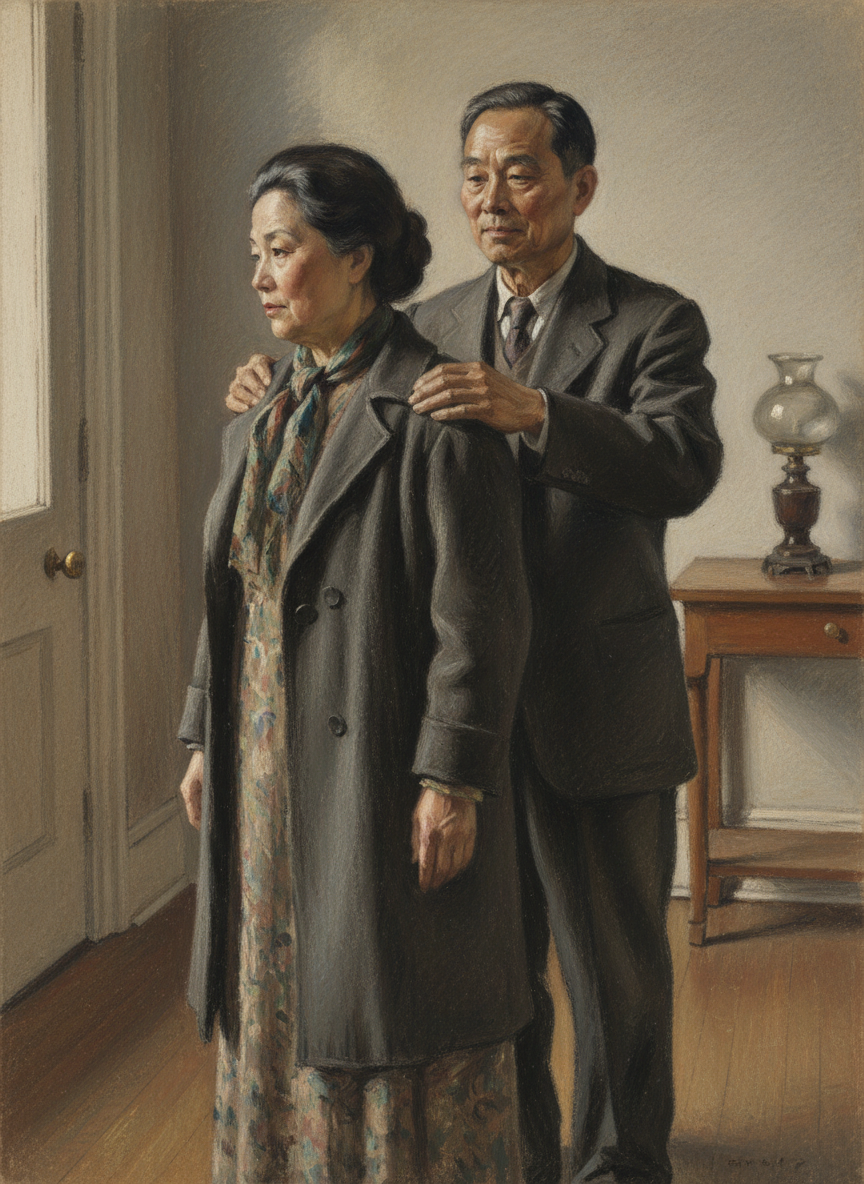 吴振铎从壁橱里，把吕芳那件深灰色的大衣取了出来，替吕芳披上，他双手轻轻地按到了吕芳的肩上。